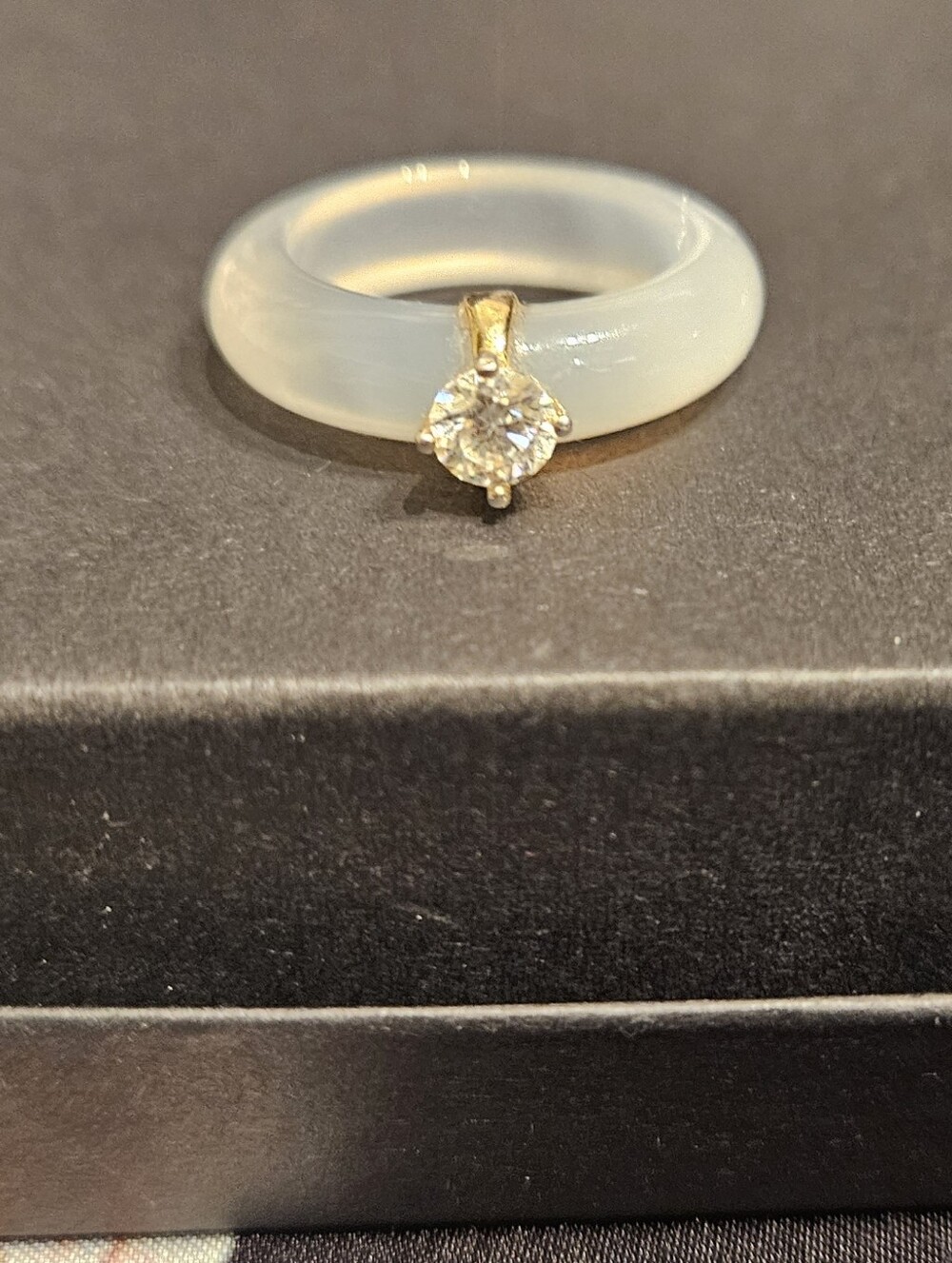 White Chalcedony Ring with Gold Prong and Clear Stone